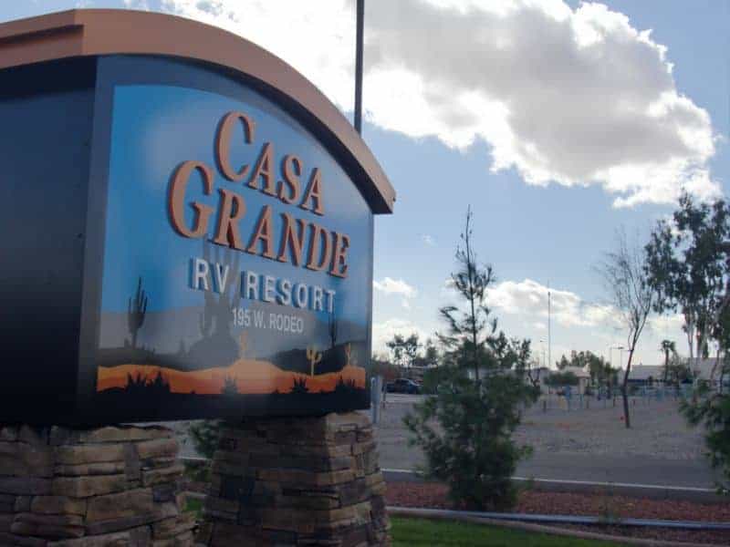 entrance sigh for Casa Grande RV Resort Casa Grande Arizona