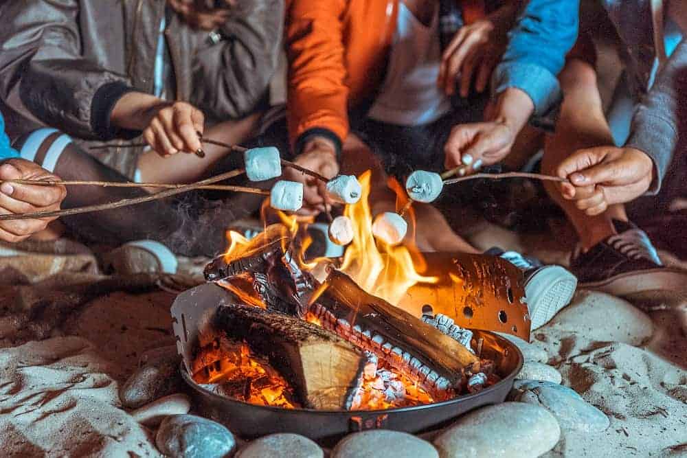 several hands holding marshmallows over a campfire