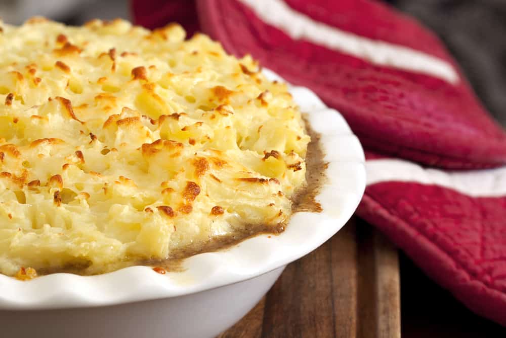 Cast iron skillet recipe for shepherds pie with mashed potato on top