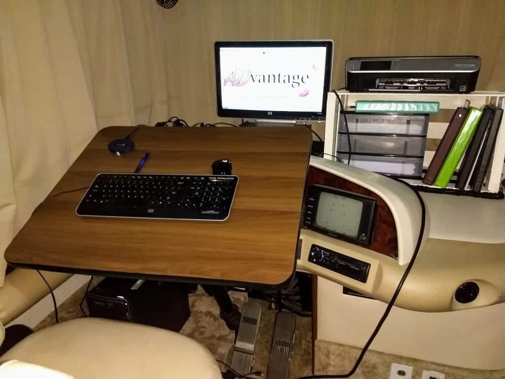 desk setup in a motorhome