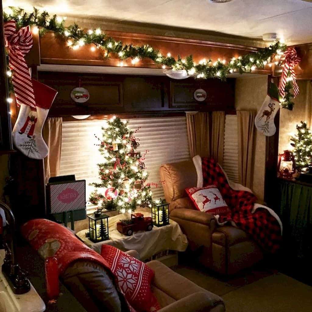 pillows and stockings in rv holiday decor
