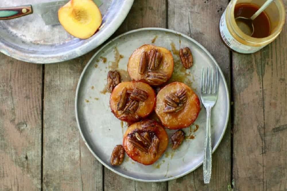 plate of caramel peaches