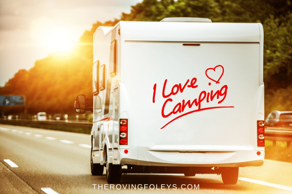 cAMPER WITH i LOVE CAMPING WRITTEN IN RED WITH HEART