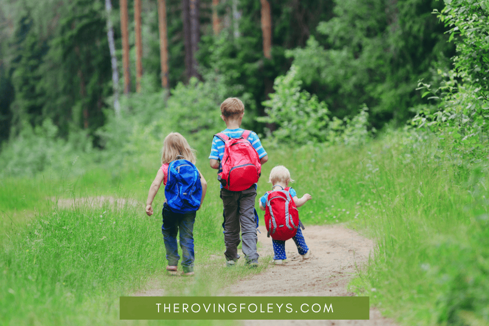 3 children hiking with backpacks