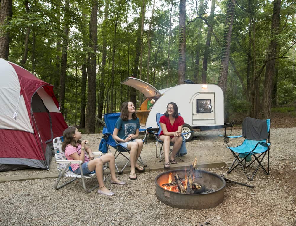 family camping with teardrop camper