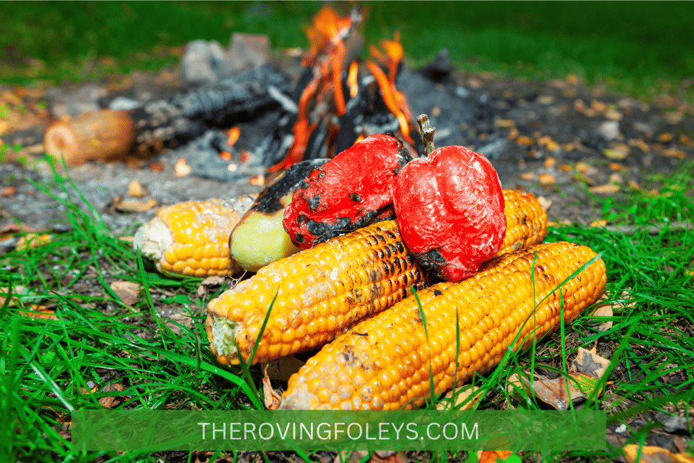 grilled corn on the cob near open fire
