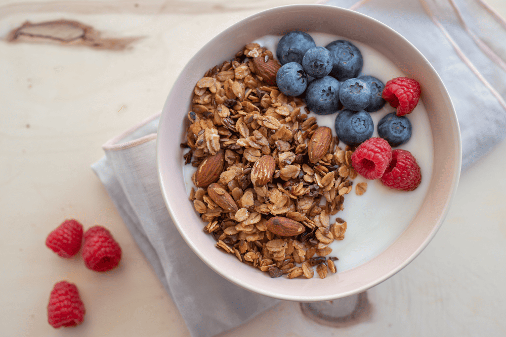 granola with milk and berries