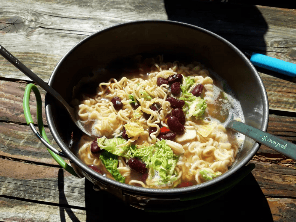 camp bowl of homemade ramen