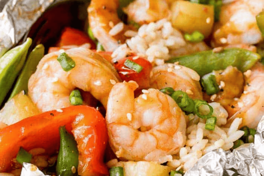 shrimp and veggies in foil pack
