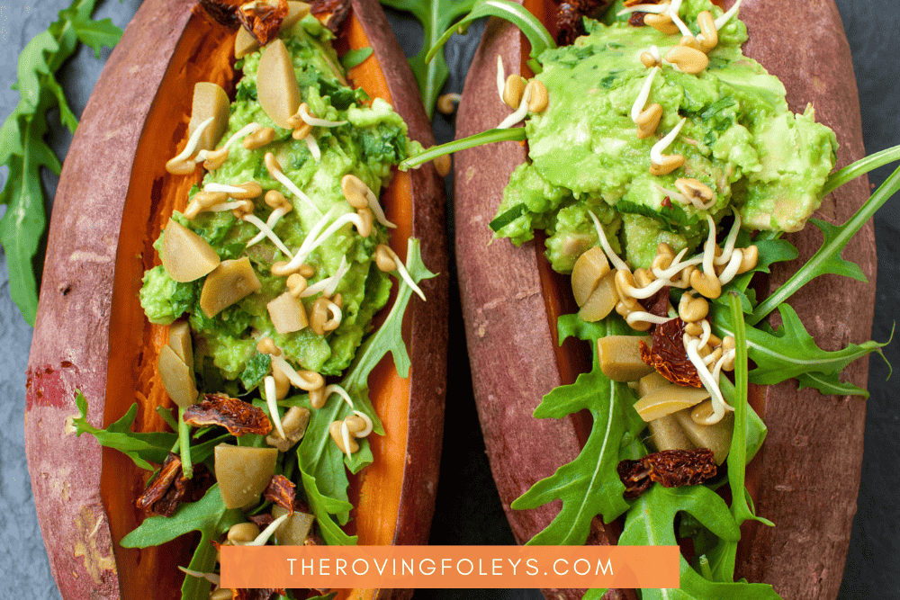 california style sweet potatoes with guac and sprouts