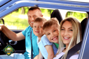 smiling family in car
