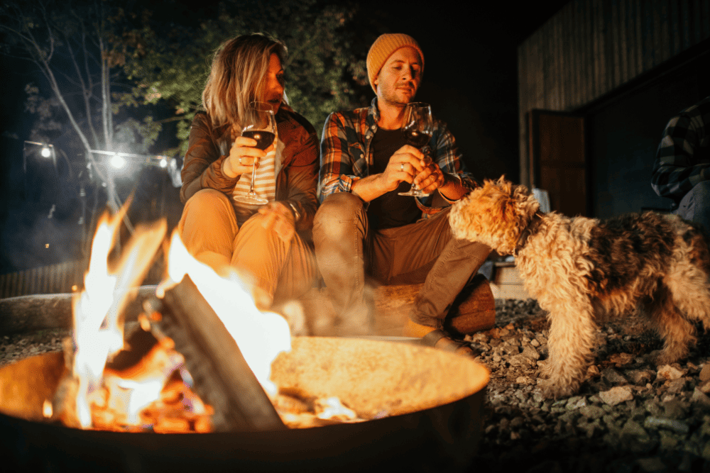 Couple and dog by campfire