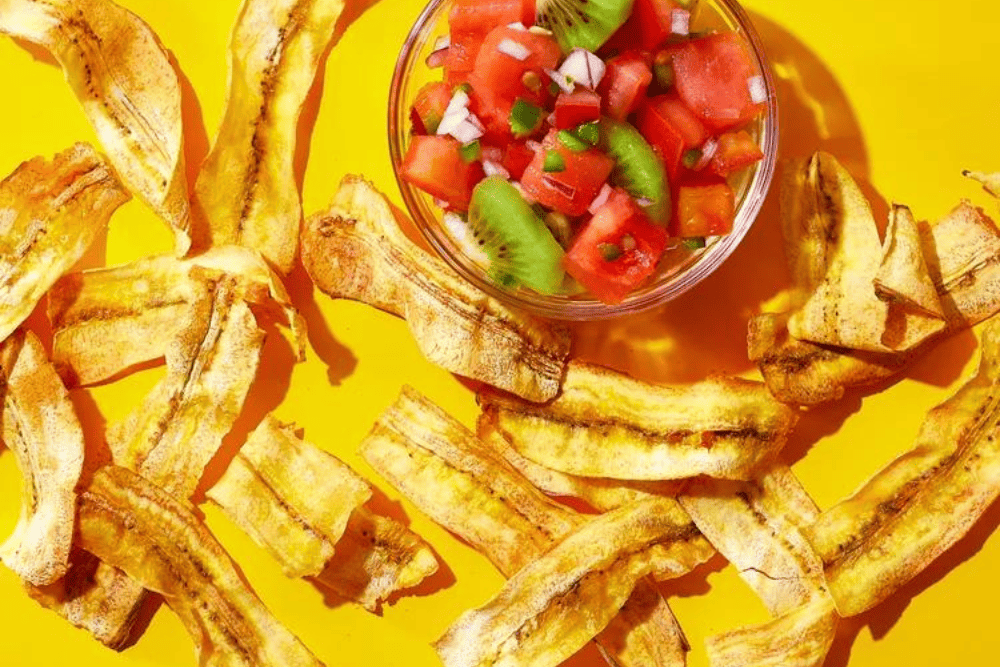plantain chips with bowl of fruit