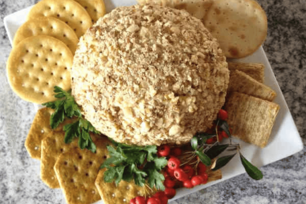 cheddar blue cheese ball with crackers