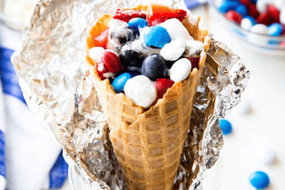 waffle cones with m&m's and marshmallows