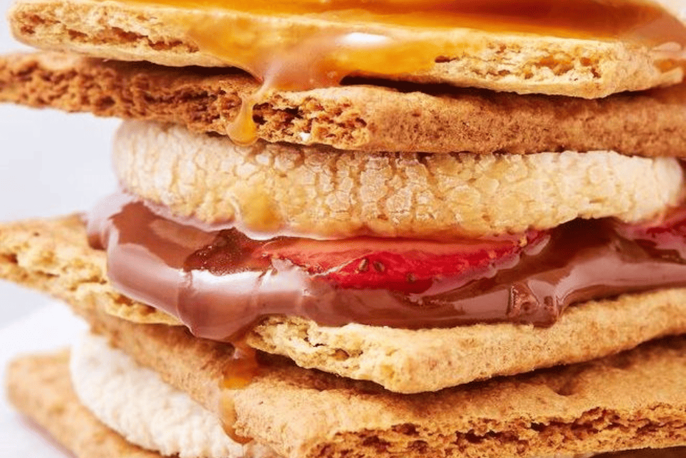 smore with strawberries and caramel