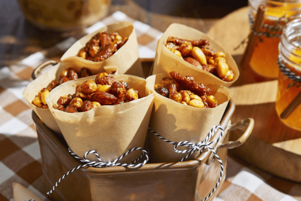 paper cones of sweet and spicy snack mix