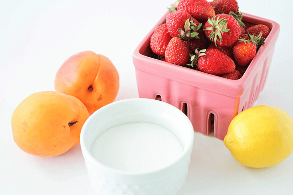 strawberries, peaches and yogurt with a lemon