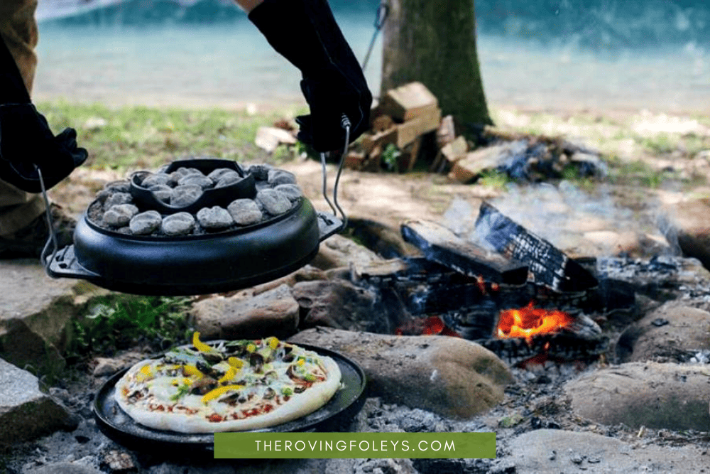 pizza near a campfire