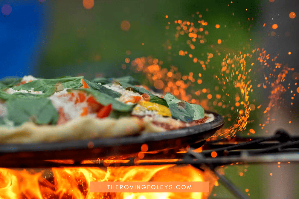 pizza sizzling on an open fire