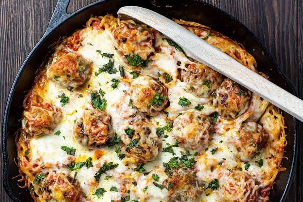 Dutch Oven No Boil Baked Spaghetti and Meatballs