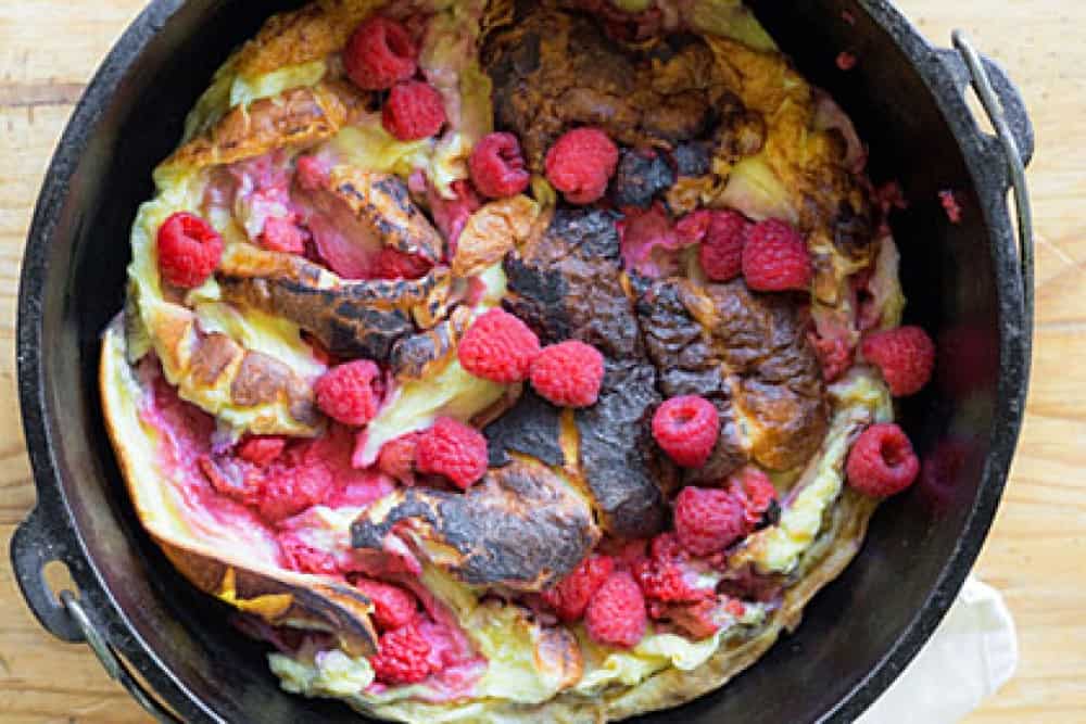 Campfire Raspberry Pancakes in a Dutch Oven
